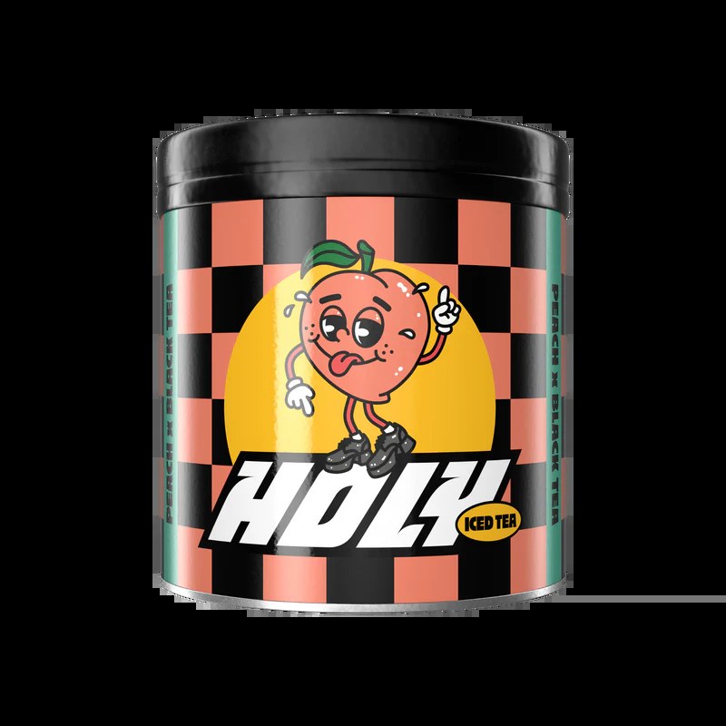 Pot de poudre Holy Iced Tea goût pêche, illustration personnage pêche souriant