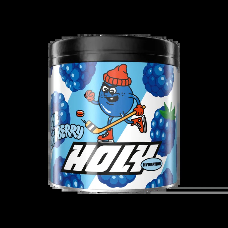 Pot de poudre Holy Hydration goût blackberry avec personnage de hockey sur l'étiquette